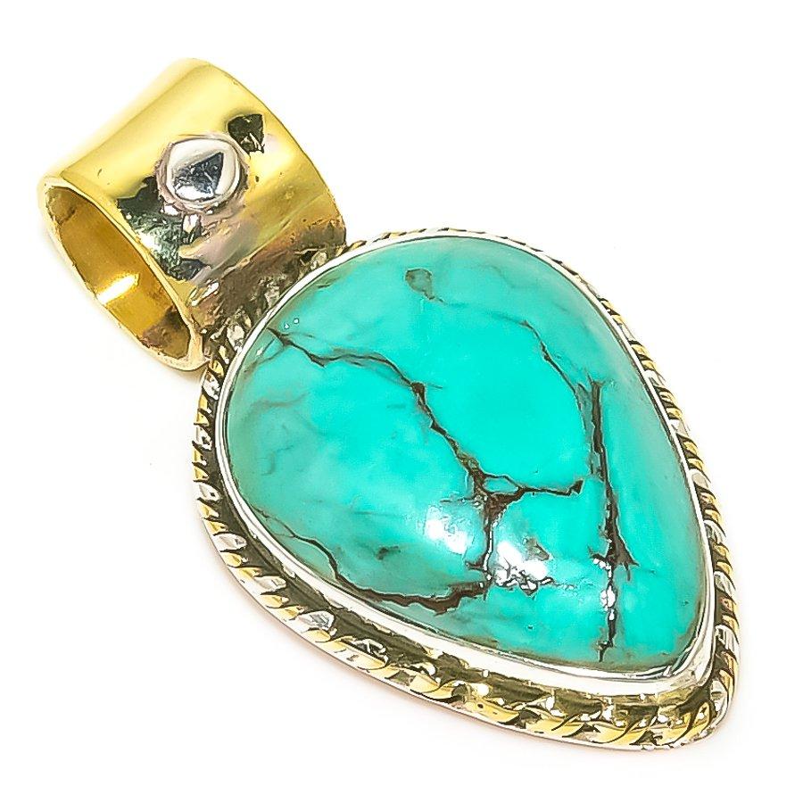 

Natural Tibetan Turquoise Two Tone 925 Solid Sterling Silver Pendant 1.10 W1U93