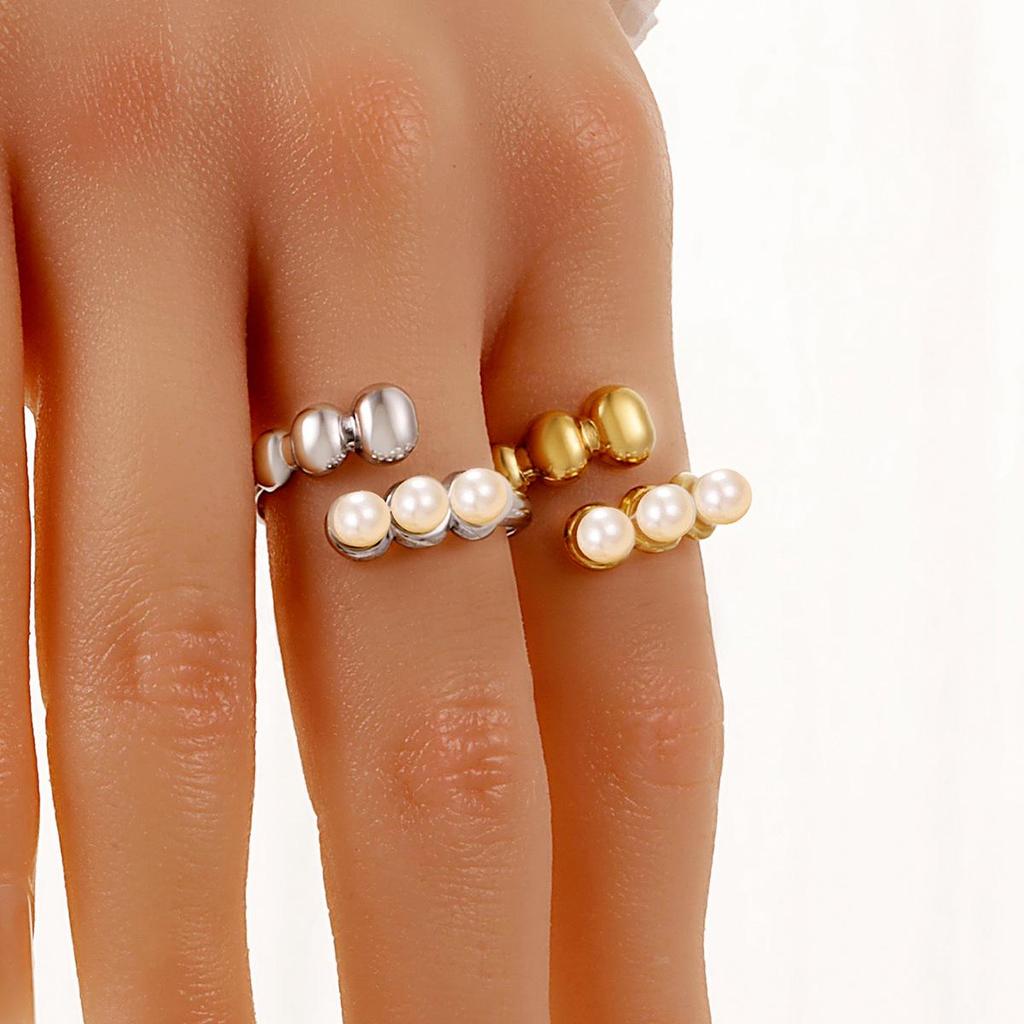 Elegant Geometric Drum-Shaped Pearl Stainless Steel Ring - Perfect Gift for Friends & Girlfriends