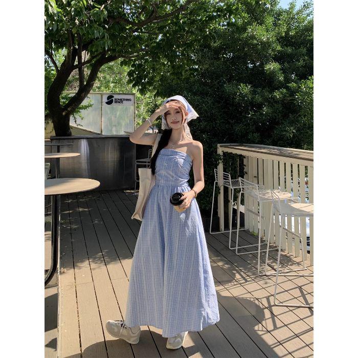 French Blue Checkered Spaghetti Strap Sleeveless Tank Dress - Women's Summer 2025 Seaside Vacation Long Dress