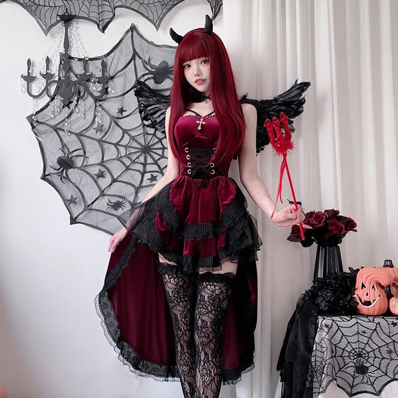 Dark Gothic Halloween Costume Ladies Dress Dovetail Witch Vampire Bride Show Costume