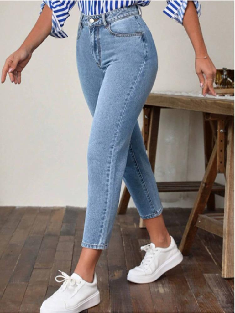 Taschen Mikroelastische Hosen Hohe Taille Einfarbige Damen Gerade Hosen Mode High Street Täglich Vielseitig Frühling Jeans