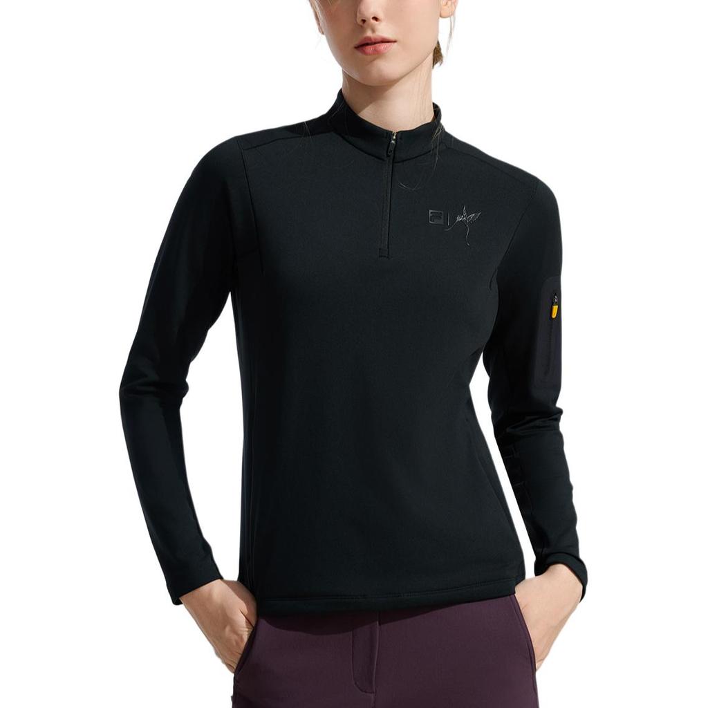 FILA EXPLORE Knitted Fabric Long Sleeved Fleece Lined Slim Fit Top T Shirt Women's Pitch Black A11W447207FBK