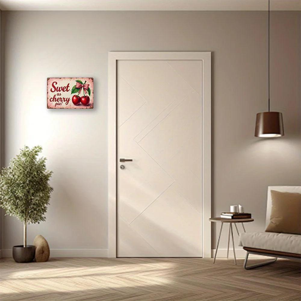 Timeless Retro Cherry & Pink Bow Metal Tin Sign. The "Sweet as Cherry Pie" wall art is a timeless piece of decor for the home