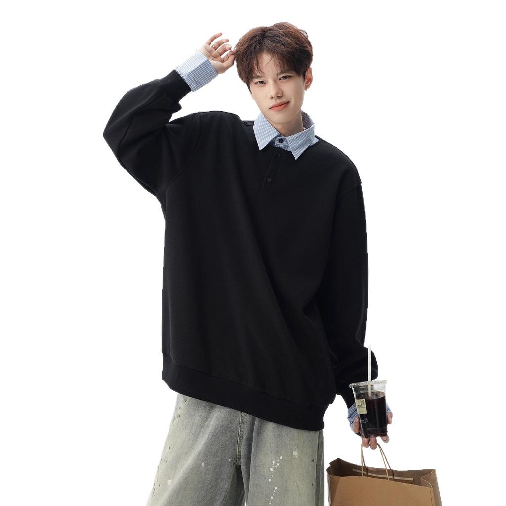 Japanese Fake Two POLO Shirts Men's Autumn College Style Lapel Sweater Retro with Bottoming Shirt Inside.