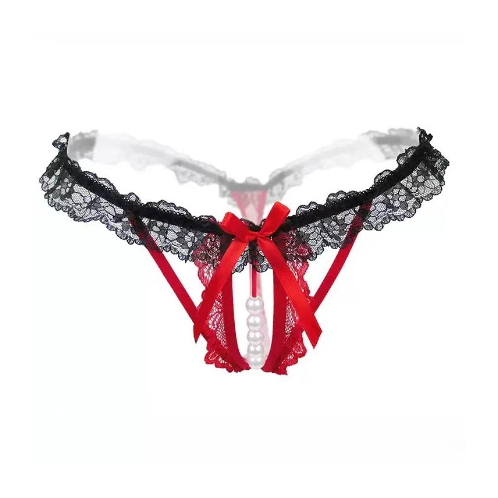 Open Crotch Lace Pearl Panties Low Waist See-through Thong Underwear for Women Ladies Girls