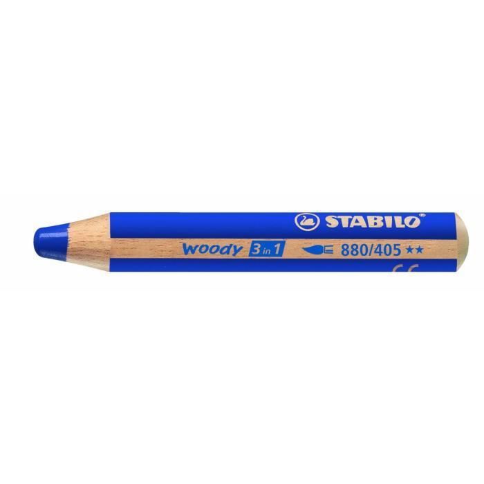 Crayon 3 En 1 - STABILO - Woody - Cyan - Aquarellable - Craie Grasse - 10 Mm