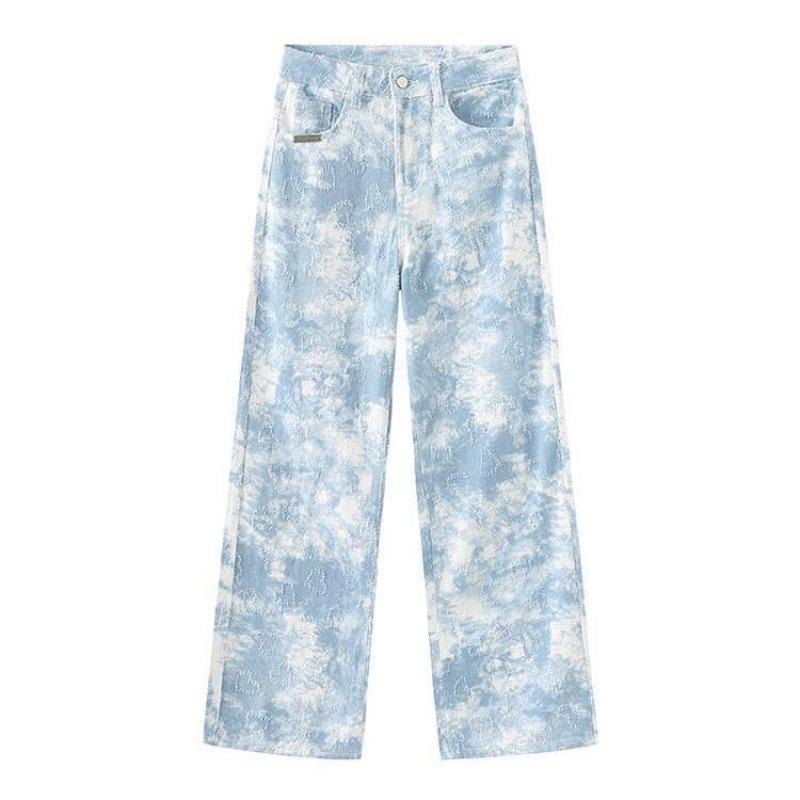 

Women s Blue Tie-Dye Wide-Leg Retro Jeans - Summer Floor-Length XL (130-145 jin)