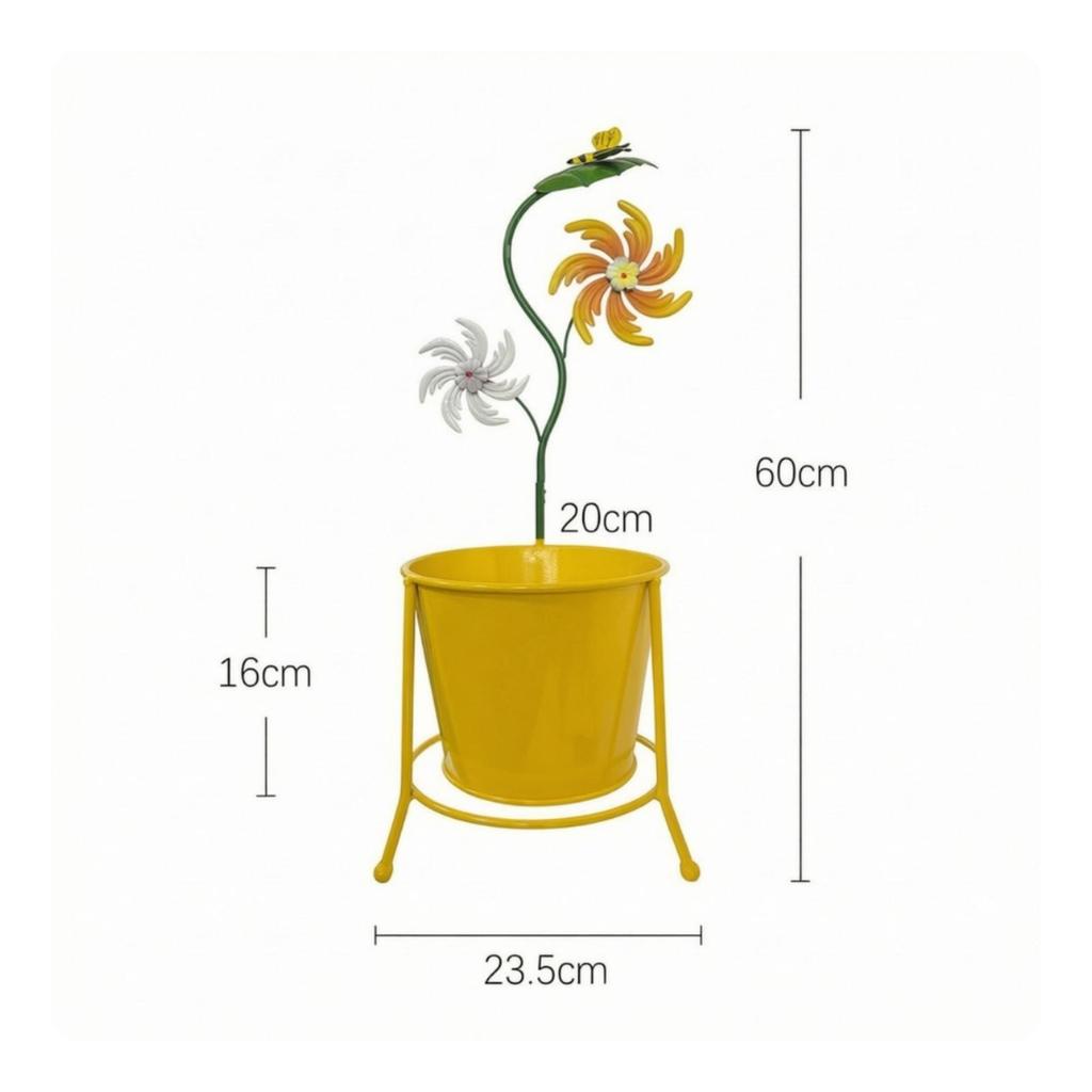 Yellow Iron Planter with Floral Metal Ornaments Indoor Outdoor Flower Stand