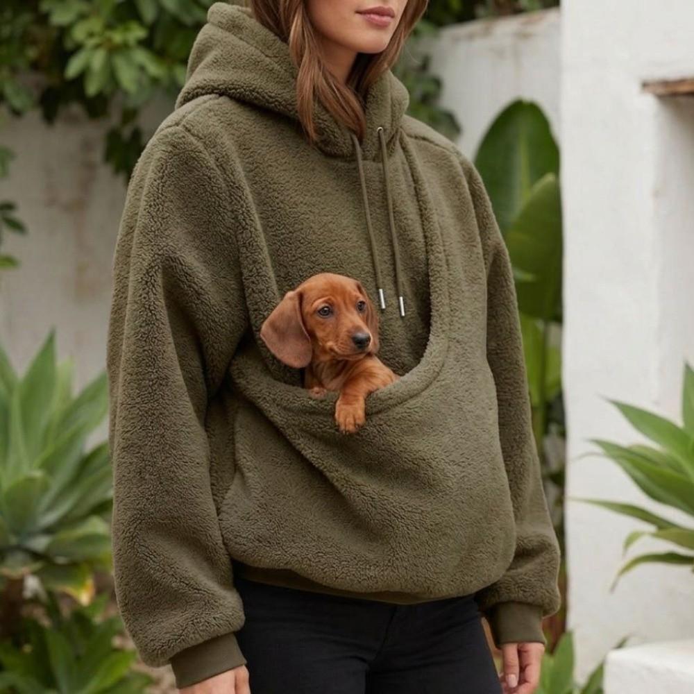 Soft Plush Cat Pocket Sweatshirt Solid Color Pet Holder Pullover Hooded Sweatshirt Autumn Winter
