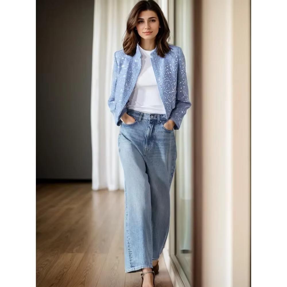 Women's Sequin Stand Collar Long Sleeves Pockets Short Jacket Coat Spring and Autumn New Female Chic Cardigan Jacket