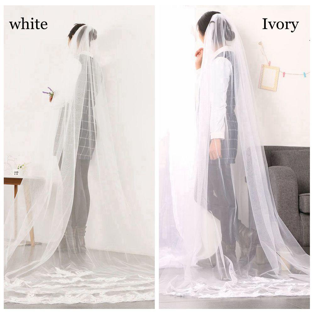 New White/Ivory One-tier Bridal Wedding Veil with Comb Edge Applique Tulle Lace
