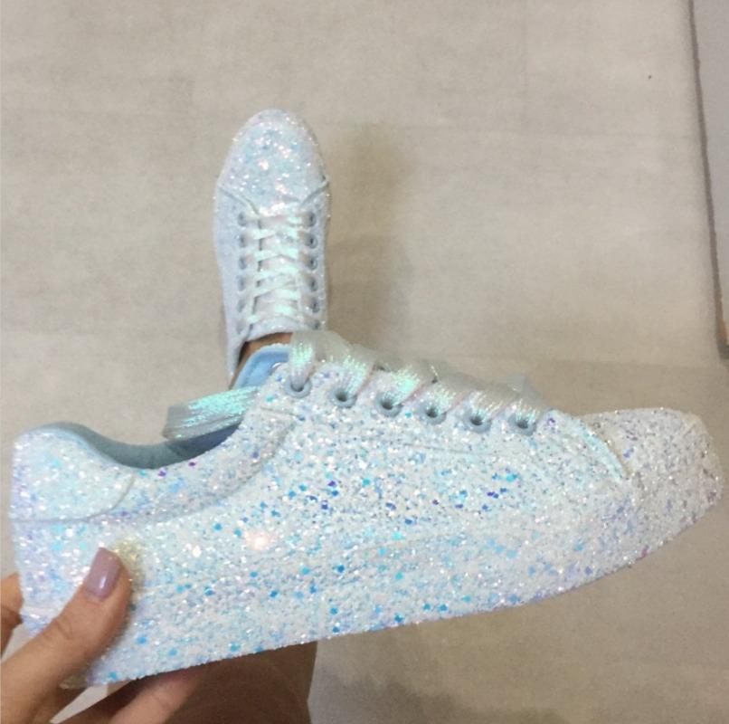 Plus Size 35-43 Sequin Platform Trainer Sneakers Flats Shoes Comfortable Shoes for Women Lace Up Casual Zapatos De Mujer