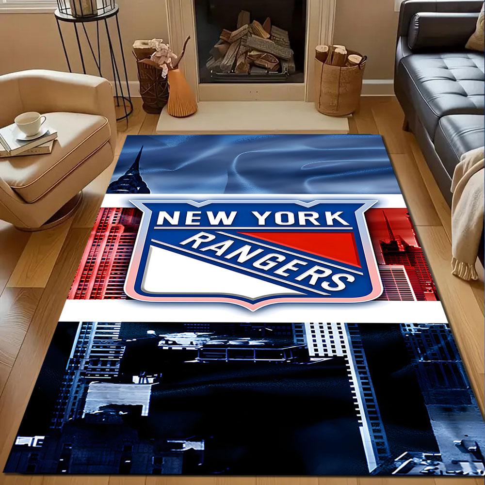 New York Rangers Logo with City Skyline Patterned carpet, non slip mat suitable for living room and bedroom sofas