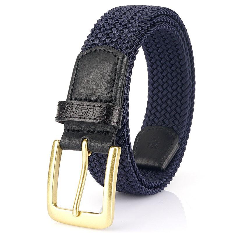

Solid Brass Pin Buckle Elastic Waist Belt First Layer Cowhide Head Tail Men s Silk Woven 125cm темно-синий