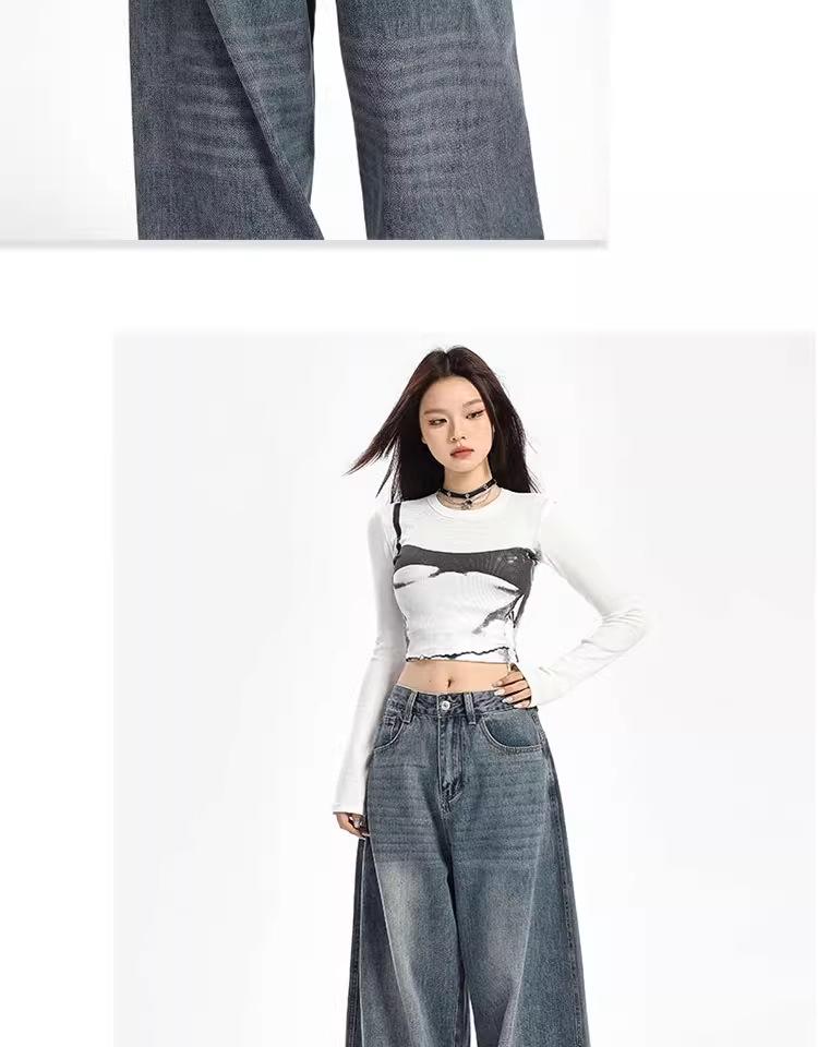 Unisex American Retro High-Waist Wide-Leg Jeans: Spring & Autumn, Loose, Slimming, Drapey, Floor-Length Straight-Leg Style.