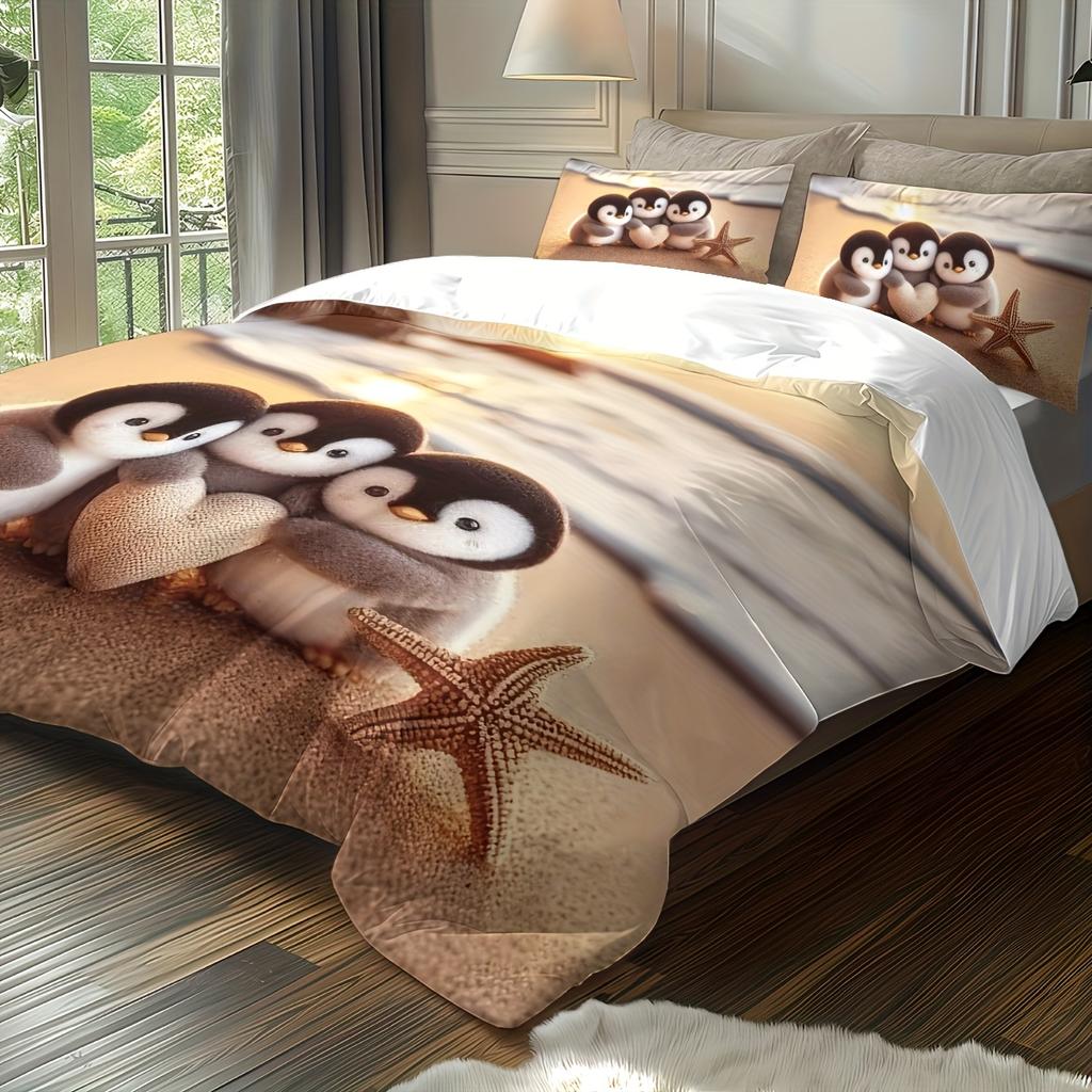 3er Set (1 Bettbezug + 2 Kissenbezüge, ohne Füllung), Pinguin-Element Digitaldruck weich, Hellbeige-freundliches Bettwäsche-Set