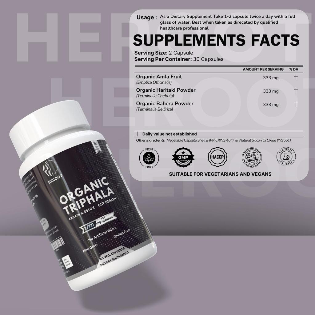 Triphala Capsules | Amla Haritaki Bibhitaki | 1000 mg | 60 Count