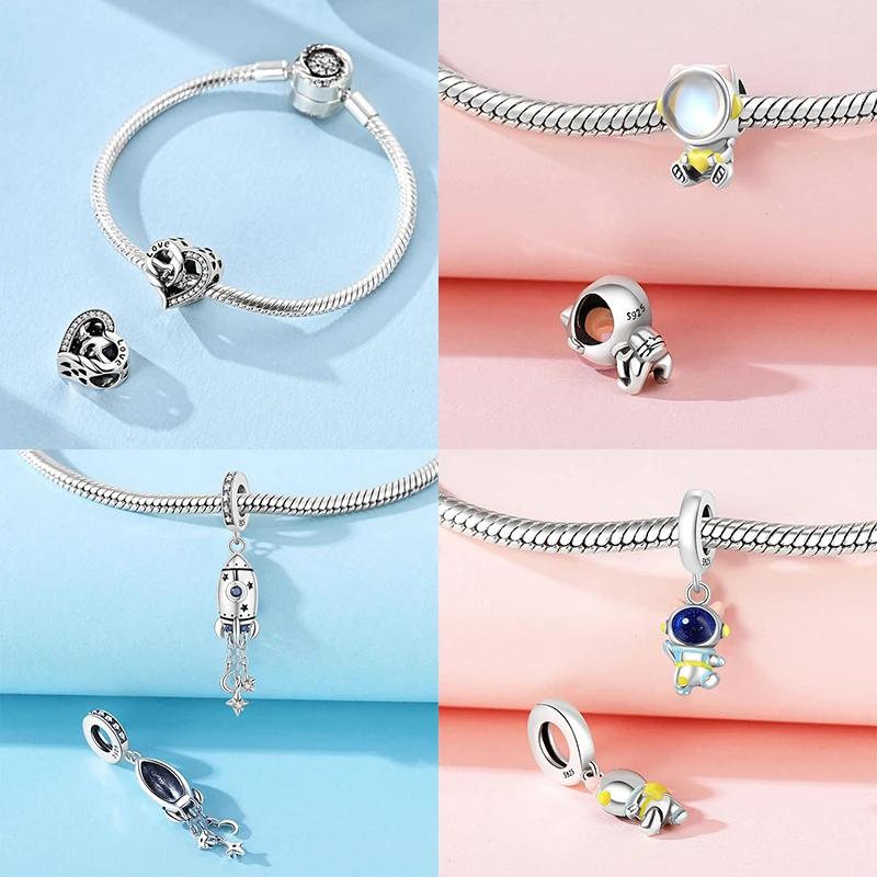 Original Blue Heart-Shaped Charms Rocket Pilot Bow Beads Copper Pendants Fit Bracelet Women Diy Jewelry Making Fine Gift