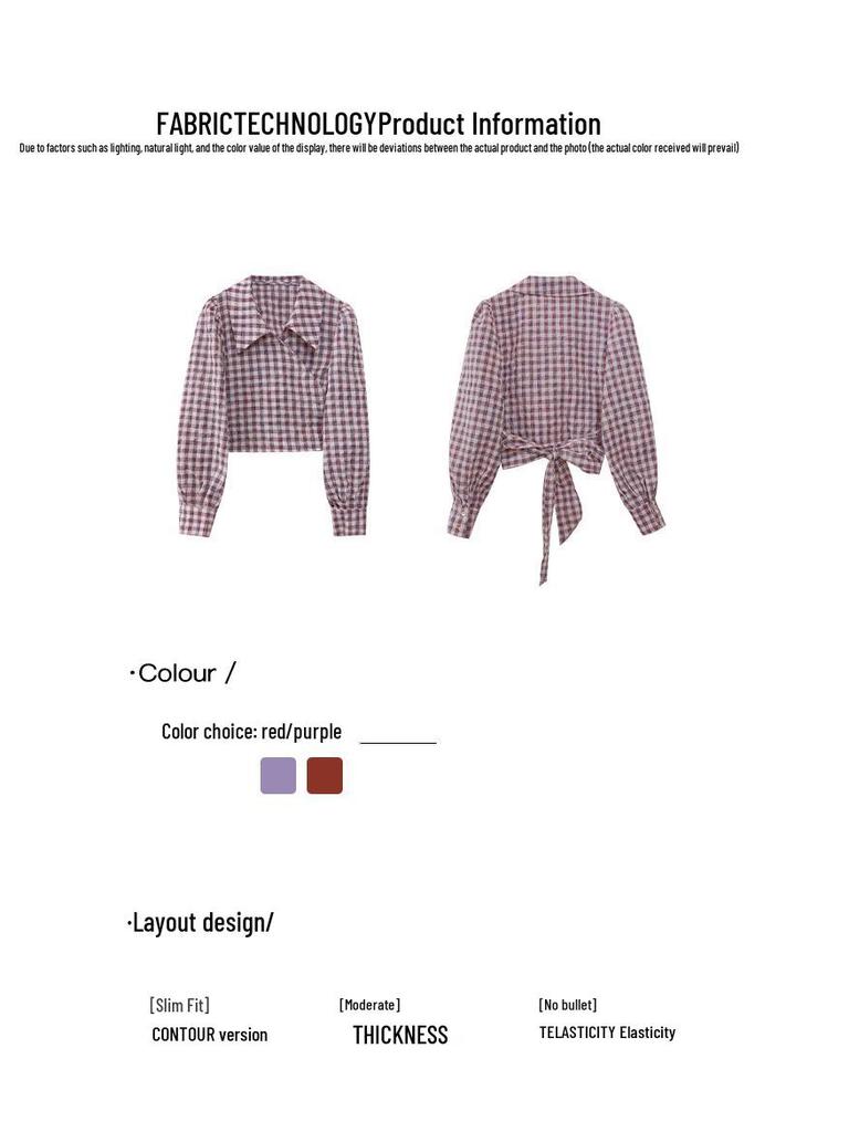 Interpret Beauty 2025 Early Spring French Retro Gingham Puff Sleeve Tie-Waist Women's Shirt