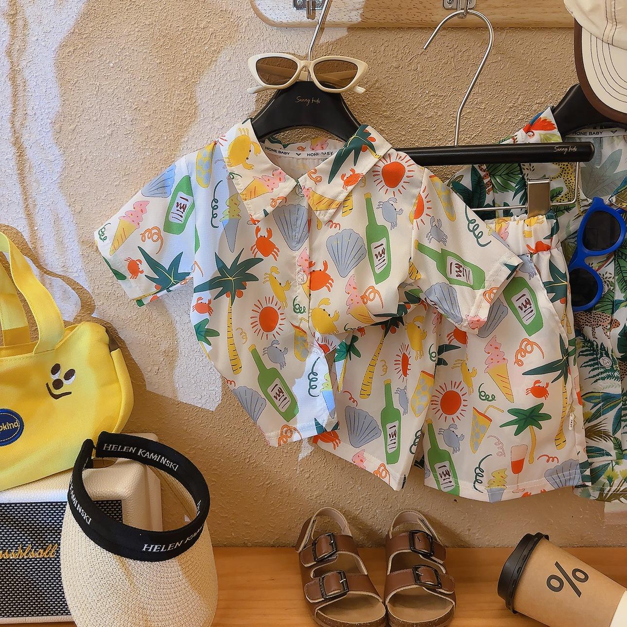 

2026 Boys Hawaiian Summer Short Sleeve Beach Shirt and Shorts Set 110 cm