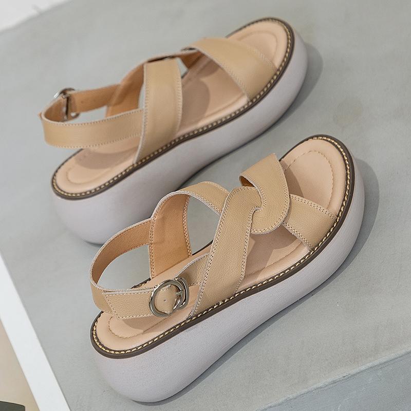 Fashion GKTINOO 2025 Women Summer Platform Sandals Buckle Strap Open Toe Thick Bottom Genuine Leather Ladies Casual Beach Wedges Shoes