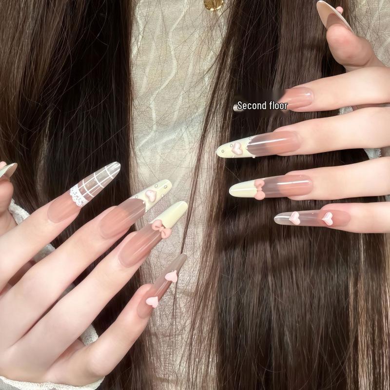 Semi-Handmade Sweet Girl Yellow Lace Press-On Nails with Bow Knot Design
