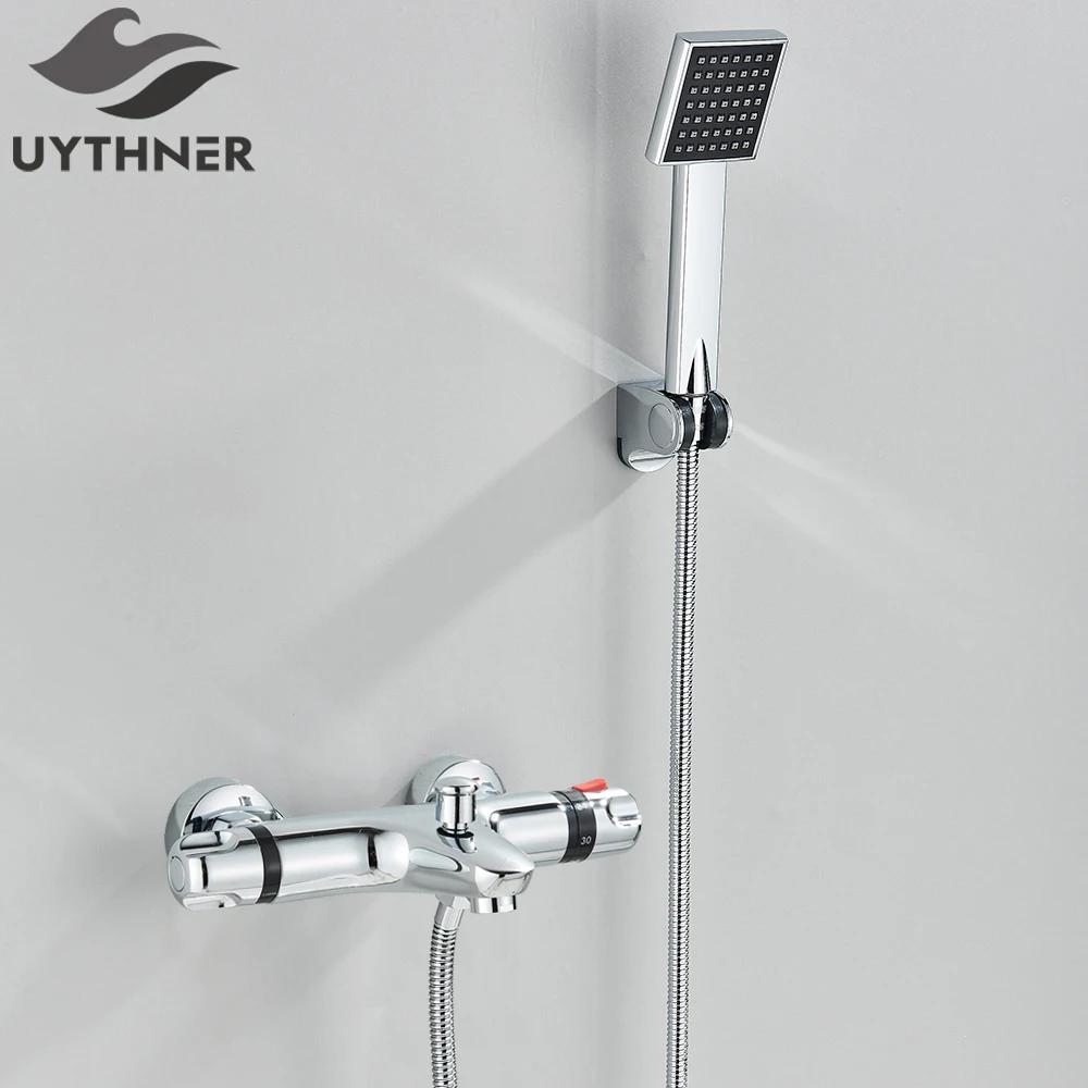 Thermostatic Shower Set Black/Chrome Brass Wall Mounted Bathroom Shower Thermostat Mixer Valve Handle Spray Bathroom Accessories