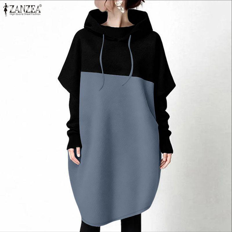 ZANZEA Women Hoodies Casual Patchwork Long Sleeve Hooded Sweatshirt Dress