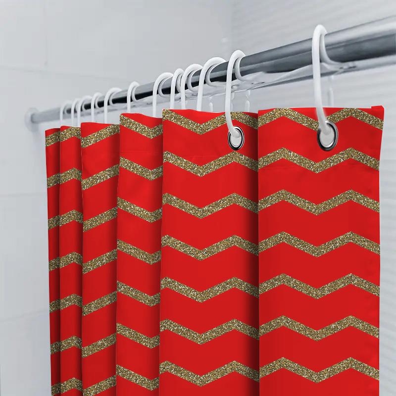 Gold Glitter Chevron Shower Curtain Red Modern Bathroom Decor Washable Fabric For Bathtub Privacy Size 69X70 (175Cm X 180Cm)