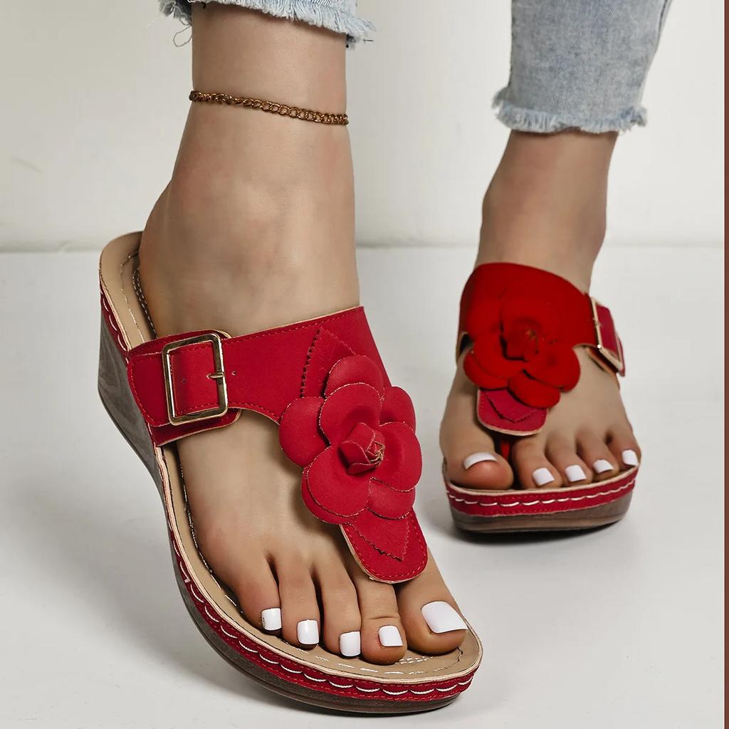 Fashion Chic Floral-Embellished Wedge Sandals for Women Comfortable Soft-Sole Beach Slides Stylish Summer Vacation Ethnic Style Flowers