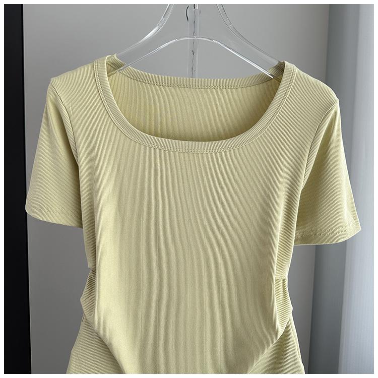 Plus Size Square Neck Standard Sleeve T-Shirt Loose Slimming Ribbed Base Top Versatile Breathable Soft Material Flattering Slim Women Top