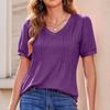 Women's Puff Short Sleeve Boho Shirt Casual V Neck Solid Color Summer Shirt Pleated Casual Tunic Top