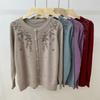 Women's Crew Neck Wool Cardigan Autumn/Winter Loose Fit with Rhinestone Embroidery Knit Cardigan Top