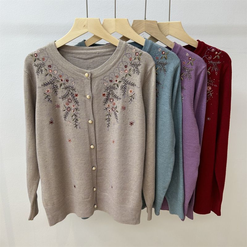 Women's Crew Neck Wool Cardigan Autumn/Winter Loose Fit with Rhinestone Embroidery Knit Cardigan Top