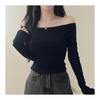 Women's tops Korean fashion tops cut and sew long sleeve cropped short length clavicle stretch elastic slim slender tight sexy girly feminine adult