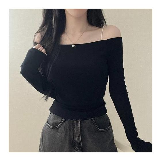 Women's tops Korean fashion tops cut and sew long sleeve cropped short length clavicle stretch elastic slim slender tight sexy girly feminine adult