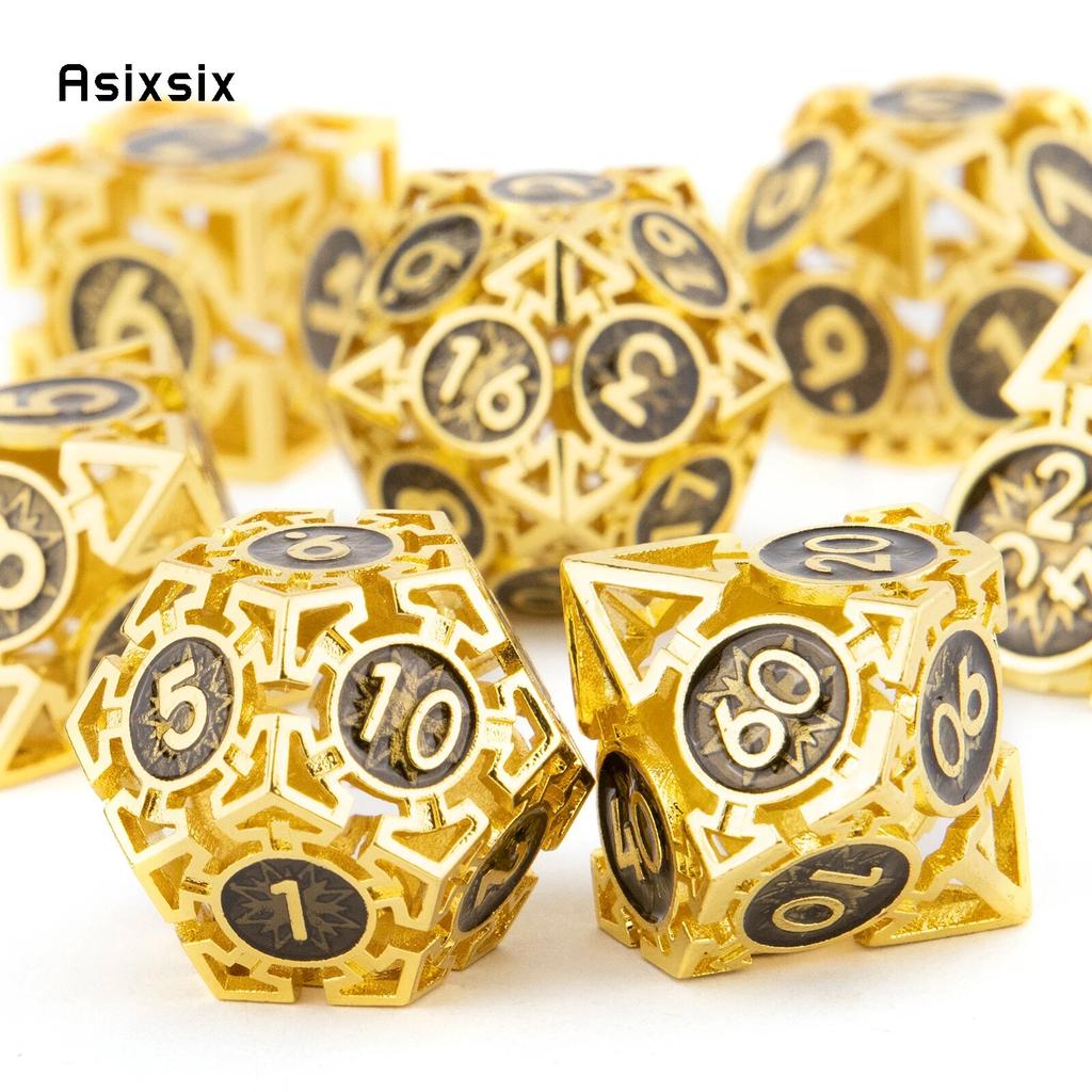 7-teiliges goldenes schwarzes Metallwürfel-Set mit kreisförmigen, hohlen Metallwürfeln, geeignet für Rollenspiele, RPG-Brettspiele, Kartenspiele