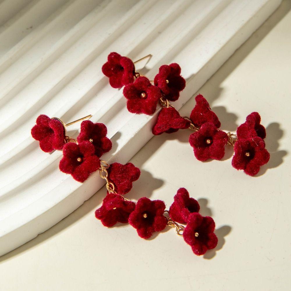 Pearl Wine Red Bow Drop Earrings Bowknot New Year Earrings Exquisite Red Velvet Bow Earrings  Women