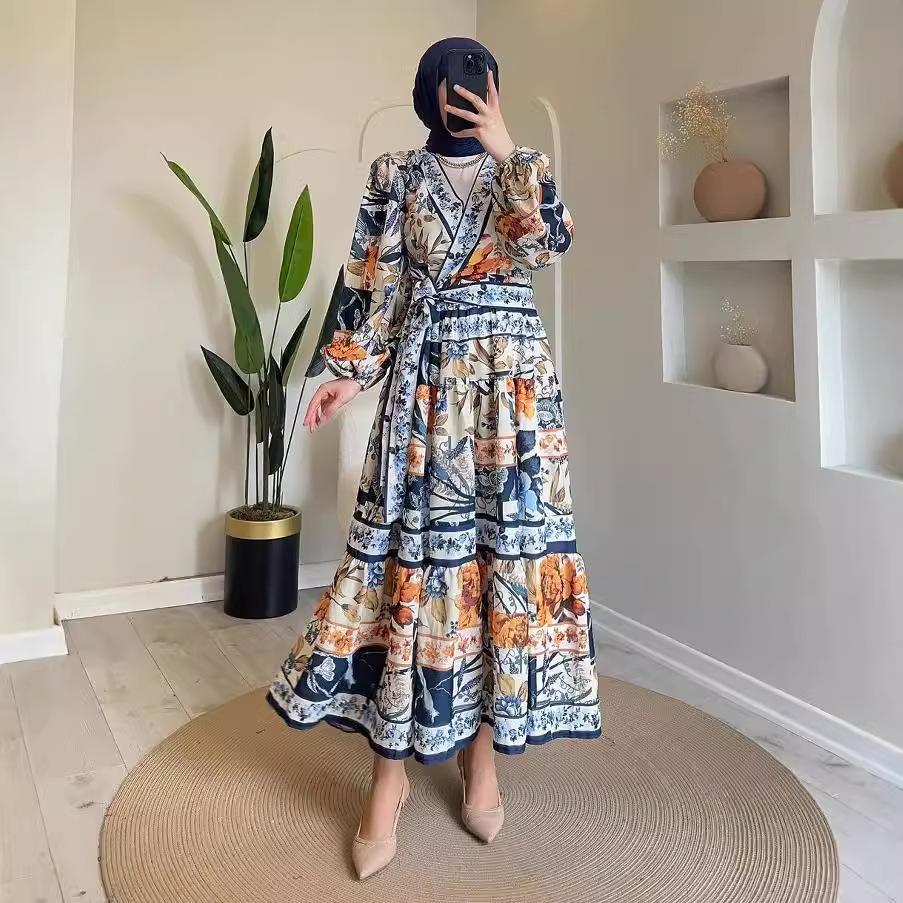 

2024 Autumn Women s Fashion V-neck Tie Waist Floral Dress XS