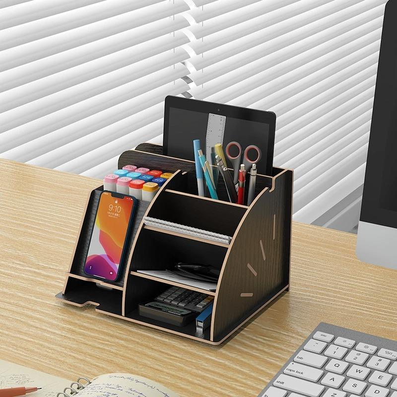 Organizador de escritorio de madera para teléfono móvil papelería y accesorios de oficina