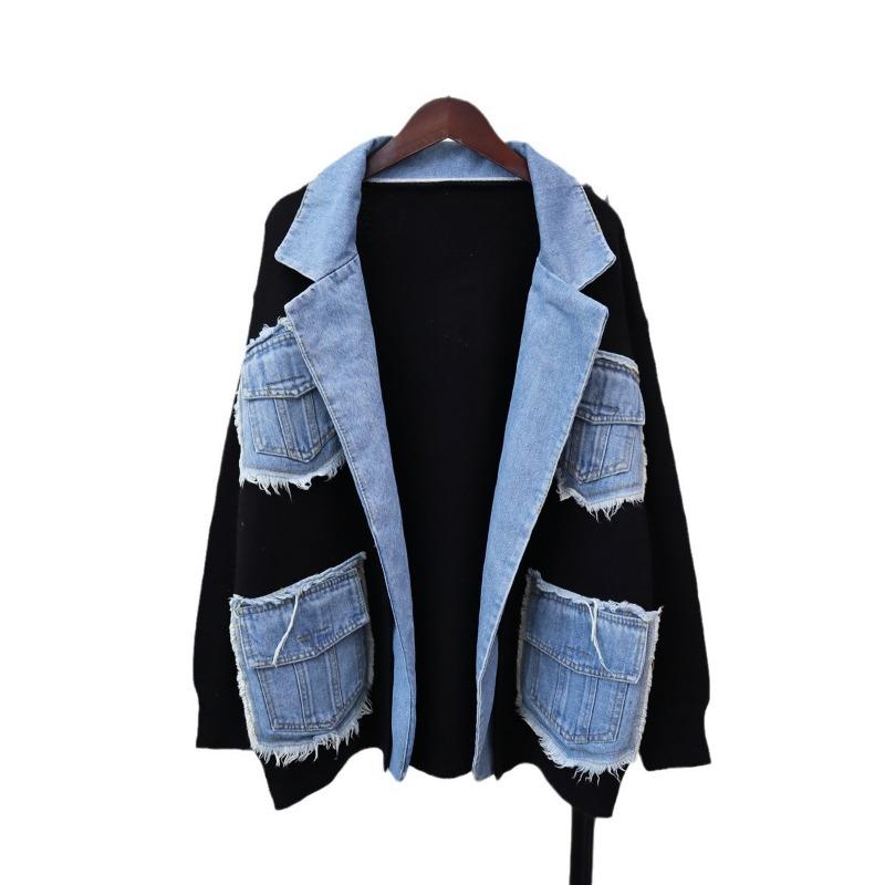Autumn and Winter New Denim Splicing Sweater Jacket Women's Design Sense Loose Casual Versatile Knitted Cardigan