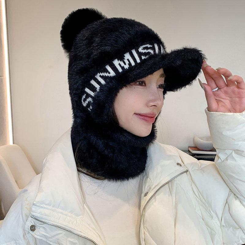 Plush thread, scarf, one-piece peaked cap, women's winter wind-proof neck cover, one-piece knitted hat, outdoor cycling hat