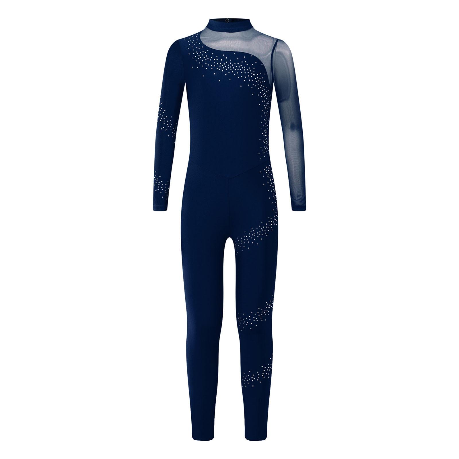

Girls Mesh Patchwork Bodysuit Sparkly Rhinestones Long Sleeve Keyhole Back Figure Skating Dance Gymnastics Jumpsuit 7-8 Years темно-синього кольору