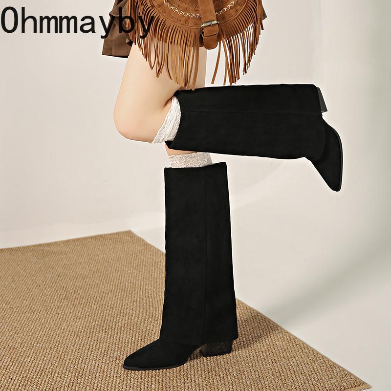 Fashion Splicing Women Knee High Boots Square Heels Party Stripper Shoes Ladies Autumn Winter Pointed Toe Long Booties