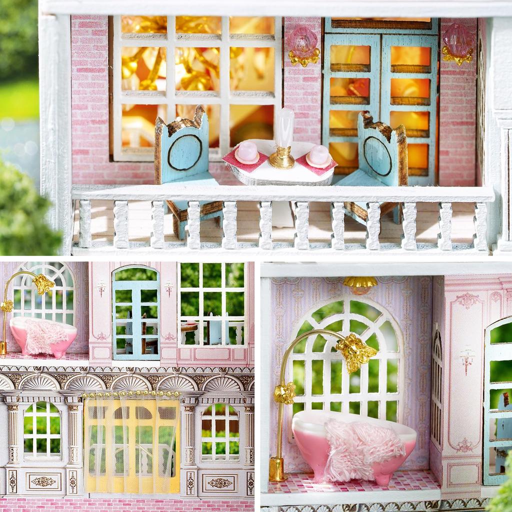 Spilay Dollhouse DIY Miniature Wooden Furniture Kit, Mini Handmade Dollhouse with LED Lights, 1:24 Scale Creative Woodworking Craft Toy (D-018) -