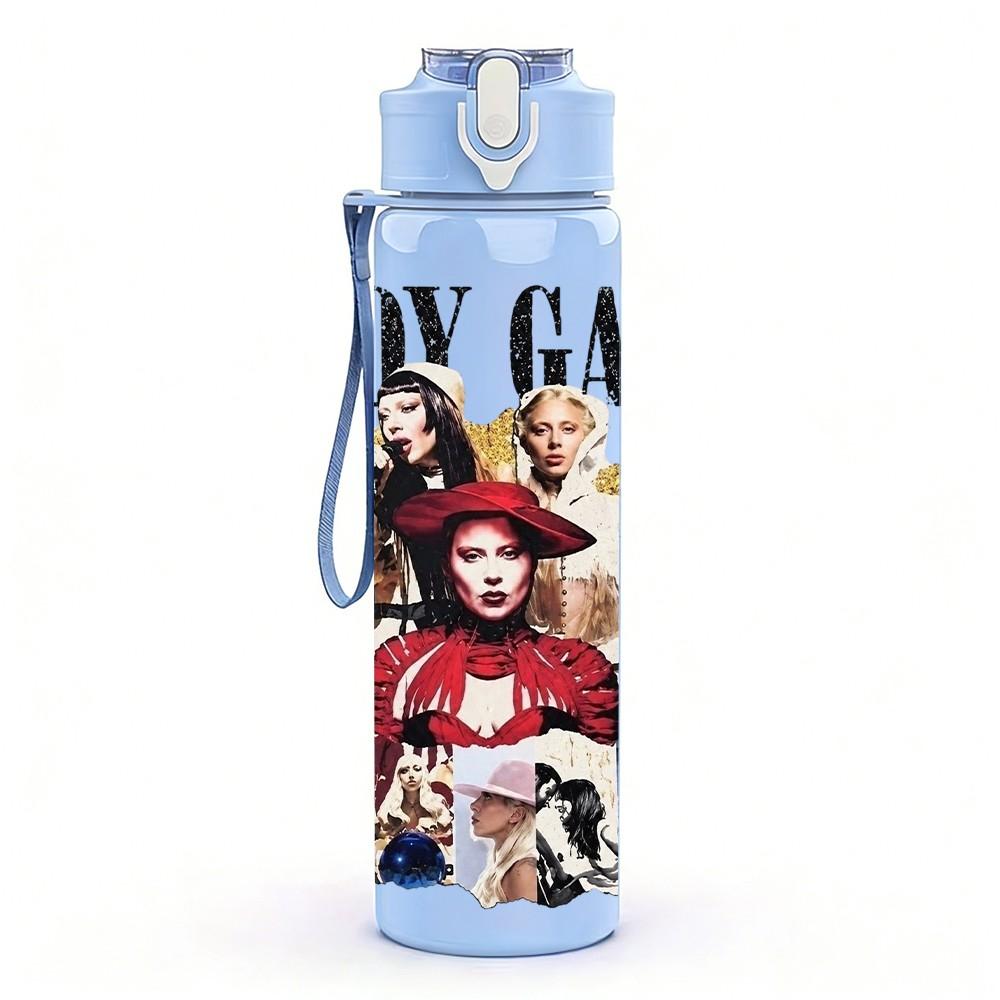 1PC Lady Gaga Pop Portrait 750ml Sports Water Bottle Leakproof Straw Lid Outdoor Office Home
