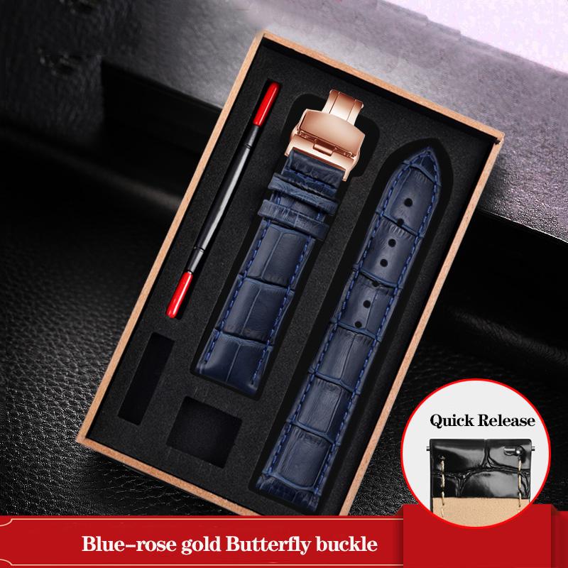 Leather Watchband Black Blue Cowhide Strap Butterfly Buckle Fits All Brands of Watches Men Women 12/14/15/16/18/19/20/22/23mm