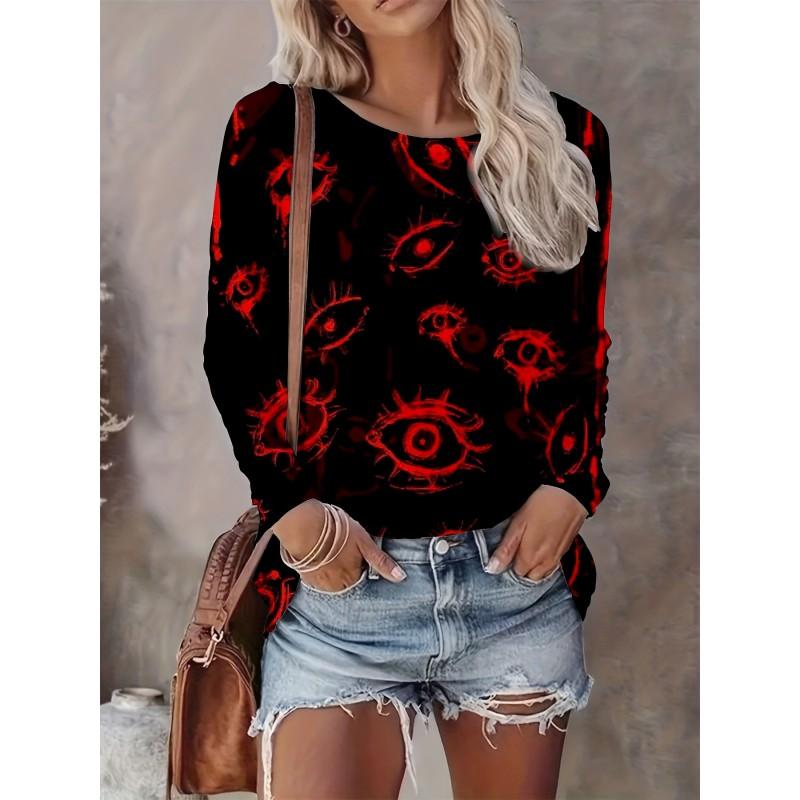 Womens Casual Abstract Print Long Sleeve Crew Neck T-Shirt 3D Effect 2025 Comfort Fit