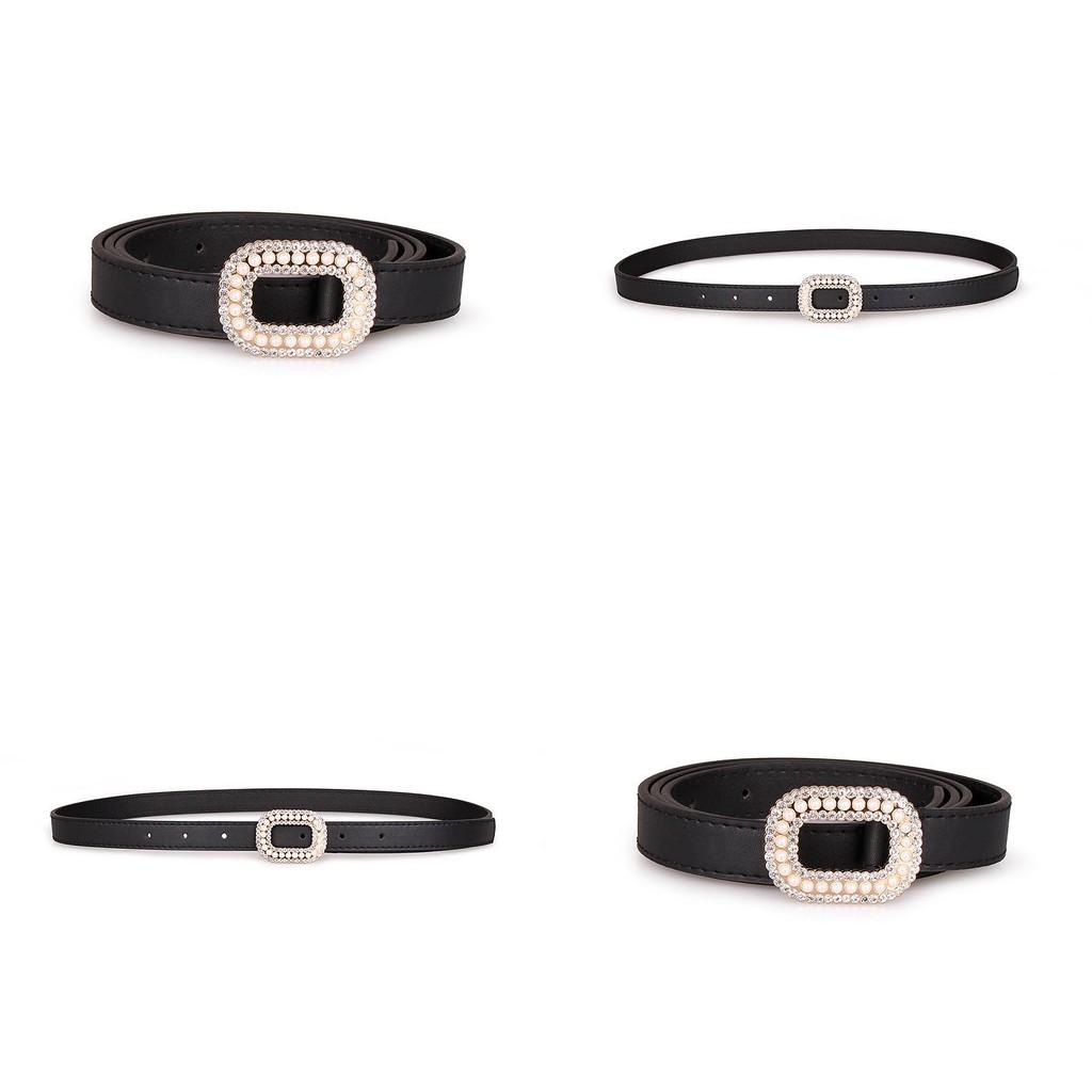 Style Womens Minimalist Belt Metal Buckle Simulated Diamond Pearl Decoration
