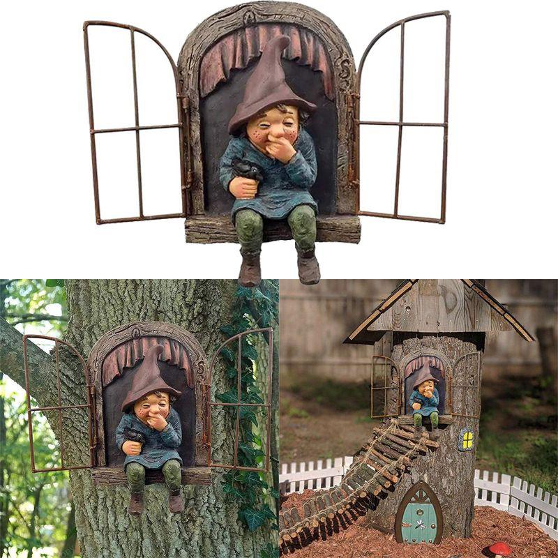 Lifelike Elf Out The Door Naughty Gnome Garden Sculpture Tree Hugger Outdoor Yard Ornament